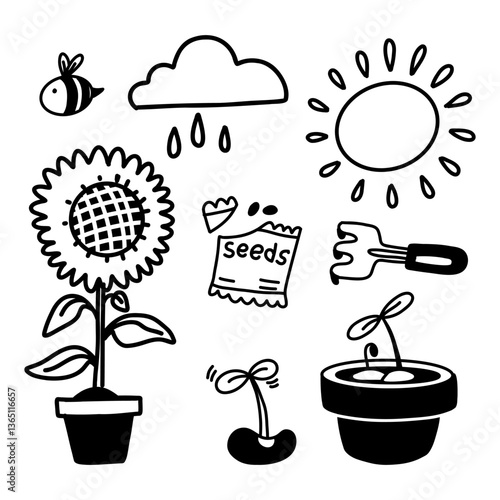 Vector set of garden plants, nature, seeds in doodle flat style highlighted on a white background. set of equipment for transplanting house plants. collection of garden elements and tools. Monochrome