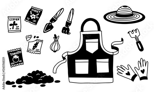 Vector set of garden tools and plants, clothes, seeds in a flat doodle style highlighted on a white background. set of equipment for transplanting house plants. collection of garden elements and tools