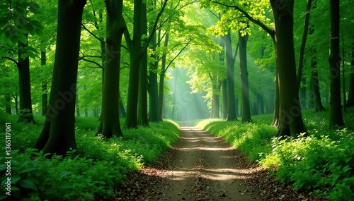 Green spring beech forest walkway in Leuven, Belgium, with a beautiful natural tunnel and atmospheric landscape, ideal for eco tourism and environmental conservation,  beech forest,  landscape