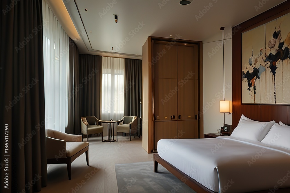 Fototapeta premium Inviting Hotel Bedroom Interior Featuring a Comfortable Bed and Seating Area