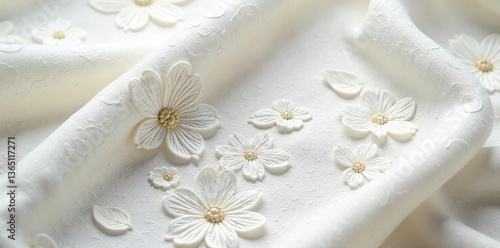 Lace fabric with intricate floral embroidery in ivory and silver tones,  embroidery,  silver