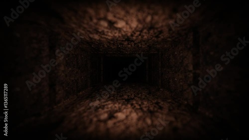 endless forward movement inside a rectangular tunnel with dug earth texture. 3d render looped animation.