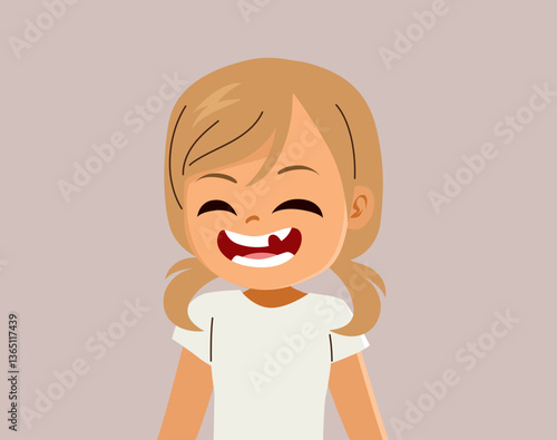 Cute cheerful cartoon illustration of a young girl proudly showing her missing front tooth. Excitement and happiness celebrating the milestone of losing her first baby teeth