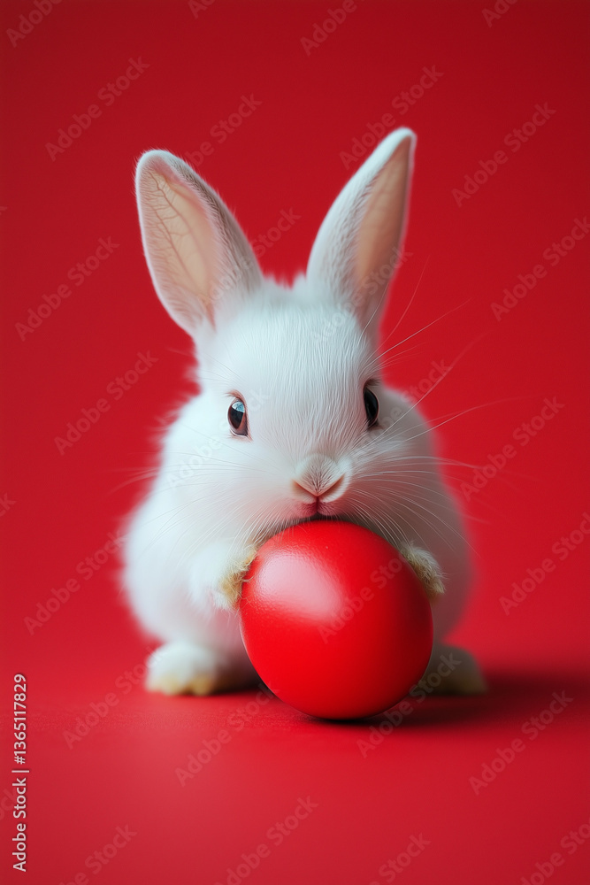Naklejka premium A white rabbit holding a red Easter egg, on a red background. Cute and funny Easter poster. Close up 