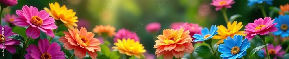 Fototapeta premium Multicolored flowers in full bloom in a vibrant garden setting with shades of pink, purple, yellow, and blue, blue, purple