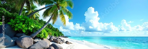 Serene tropical beach with green tree, blue sky, white clouds, gray rock frame,  scene,  tropical