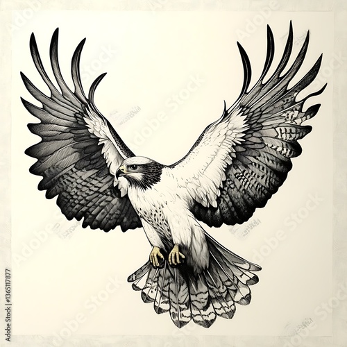 Soaring Eagle Illustration: A detailed black and white illustration of an eagle soaring with wings spread wide, captures the power and grace of this majestic bird.