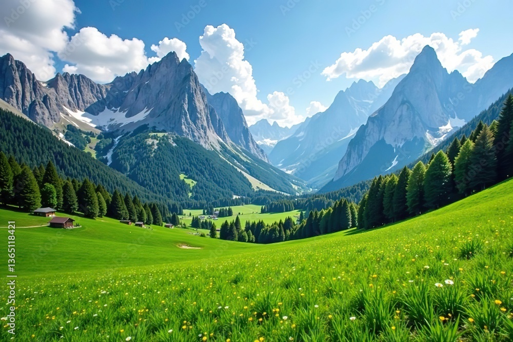 Fototapeta premium Lush green fields surrounded by majestic Dolomites mountains in Funes Valley, Italy, green, travel