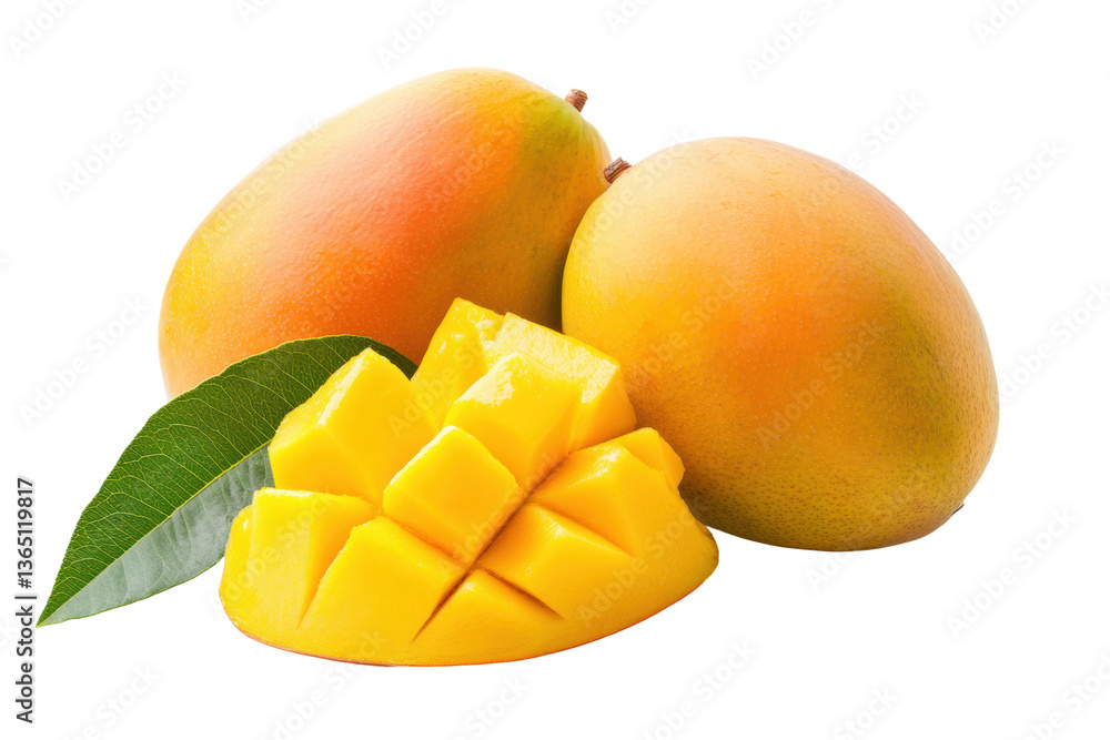Fresh ripe mangoes with leaf and sliced cubes on white background, cut out Fresh ripe mangoes with leaf and sliced cubes on white background, cut out