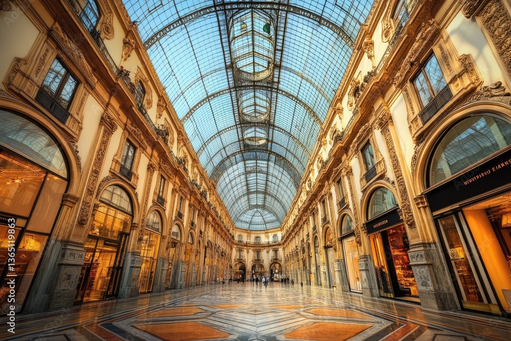 Grand European shopping arcade with high glass dome