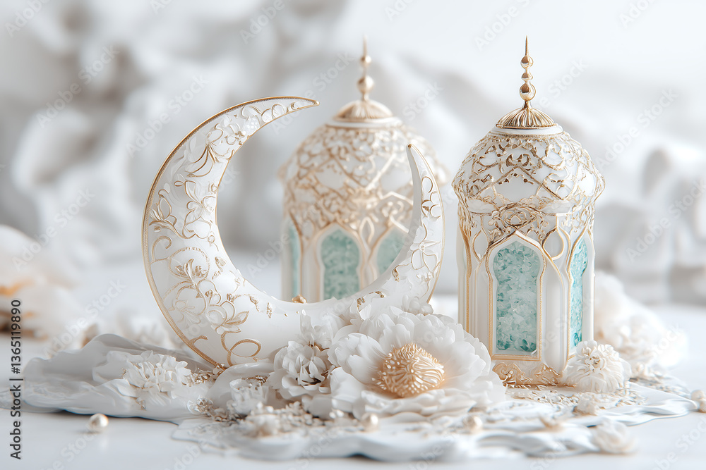Fototapeta premium Close - up of Eid al - Fitr Exquisite Lantern: Glowing Crescent Moon Inside, Warm Bokeh Lights in the Background