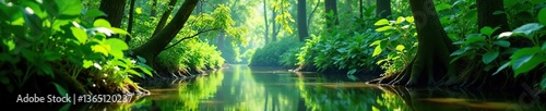 Lush green vegetation and still waters of the San Juan swamp,  wildlife habitat,  lush foliage
