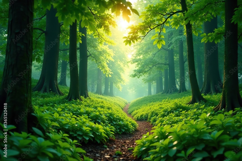 Obraz premium Lush green forest with sunlight filtering through dense foliage, creating a serene and peaceful atmosphere, green, sunlight