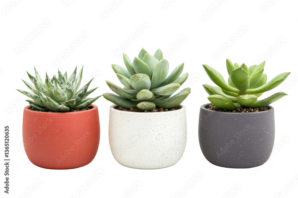 Trio of succulents in colorful pots on white background, cut out Trio of succulents in colorful pots on white background, cut out