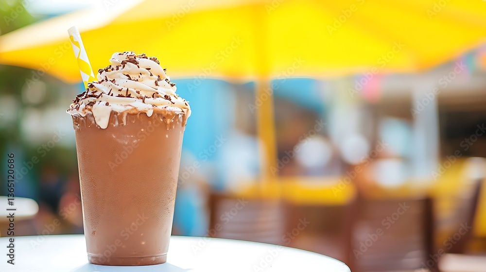A classic chocolate milkshake on white table under a bright yellow umbrella at summer festival A classic chocolate milkshake on white table under a bright yellow umbrella at summer festival