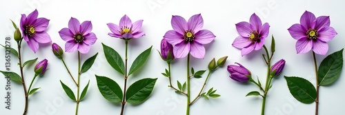 Set of purple and green hellebore flowers and buds in various positions, top view for winter and Christmas designs,  Christmas,  flat lay