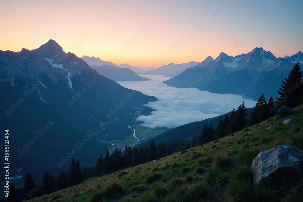 Obraz premium Layered mountains with dark blue landscape, sunset, foggy Swiss valley, forest, and traveler exploring Austrian Alps, mountains, traveler