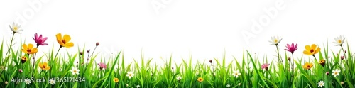 Lush green grass and vibrant wild flowers bordering a clean white background,  spring,  blooming