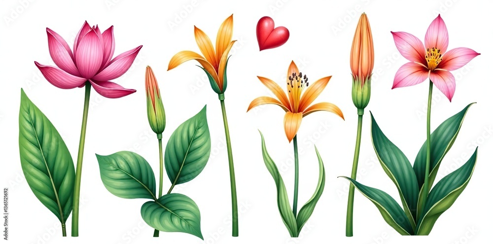Fototapeta premium Set of tropical flowers including cardamom, lotus, lily, tillandsia succulent, isolated on white background, in a watercolor botanical illustration style, watercolor, lily