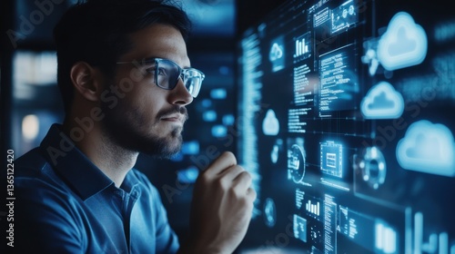 A cybersecurity architect designing secure cloud computing infrastructures, office with cloud architecture models and security data visible, High-tech style