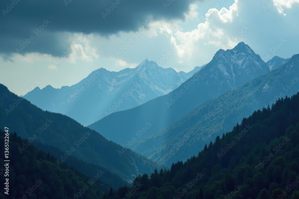 Majestic mountains shrouded in dark clouds, creating a mysterious and dramatic atmosphere, mountains,  majestic