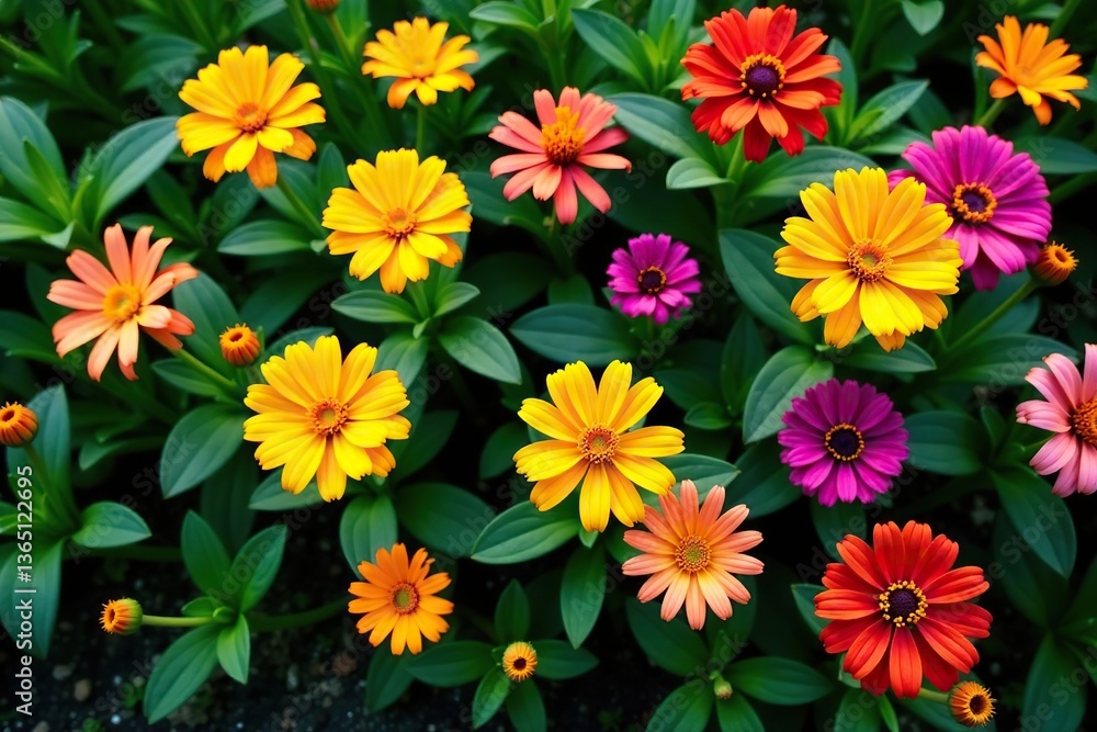 Overhead view of colorful flowers in full bloom on green plants at park, spring, landscape Overhead view of colorful flowers in full bloom on green plants at park, spring, landscape