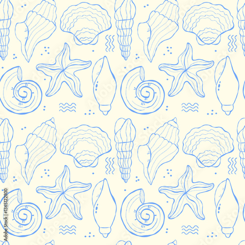 Seamless pattern of hand drawn sea shells on a light coloured background