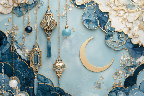 Eid al - Fitr Themed Decorative Composition: Hanging Lanterns, Crescent Moon, White Flowers against Turquoise Marble - like Background with Golden Embellishments