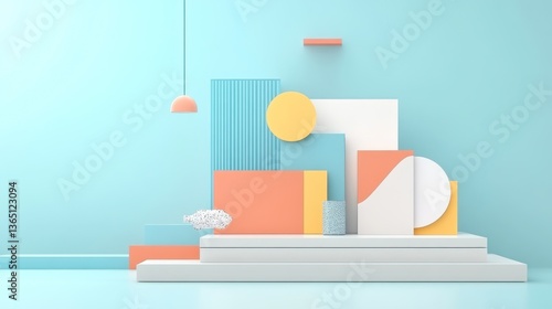 Pastel geometric shapes arranged on tiered platform against light blue background