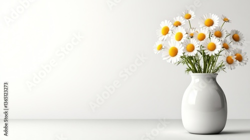 Daisies in a white vase against a white wall. Simple, clean, and elegant