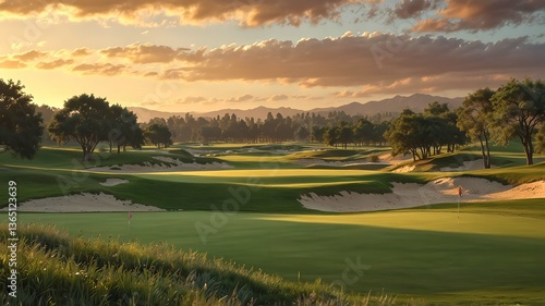 Scenic view of a lush golf course during sunset, featuring rolling hills, sand bunkers, a reflective water hazard, and vibrant golden light enhancing the peaceful landscape