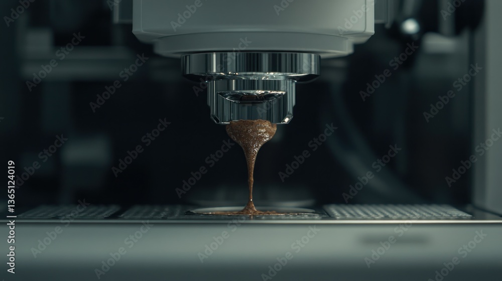 Espresso pouring from machine. Rich, dark brew drips into cup Espresso pouring from machine. Rich, dark brew drips into cup
