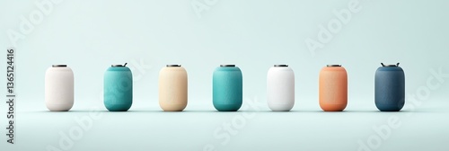 Seven cylindrical containers in varying pastel colors are arranged in a row against a light-blue backdrop