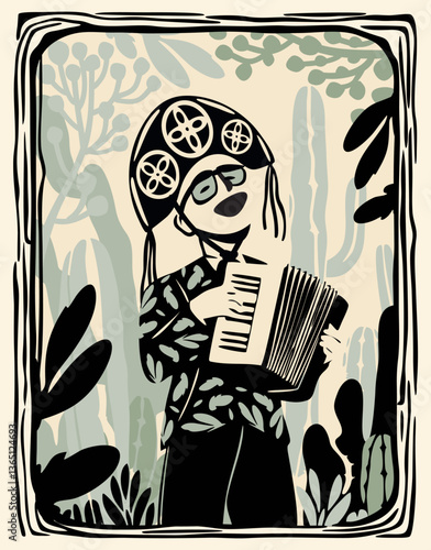 Accordion player. Musician from northeastern Brazil. Vector cordel woodcut illustration