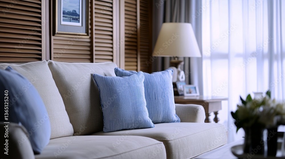 Fototapeta premium Cozy living room with plush blue pillow, a lamp, and a serene view through the curtains