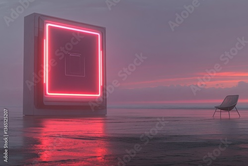 Neon-lit structure on a calm, misty landscape, next to a solitary chair.  Sunset hues fill the sky