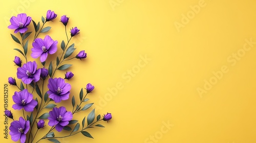 Purple paper flowers arranged on yellow background.  Plenty of copy space