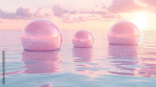 Three pink spheres float on calm, sunset-lit water.  Reflections shimmer