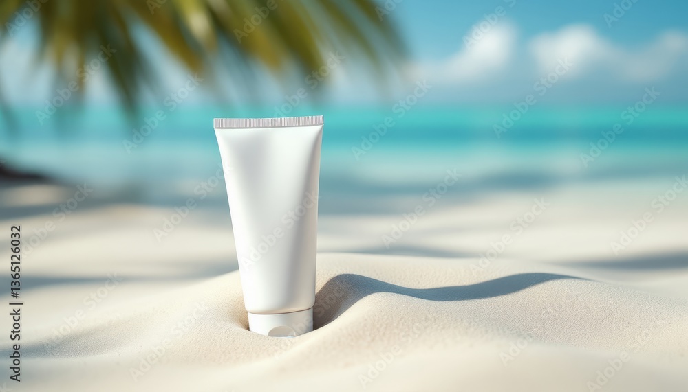 A sunscreen tube stands upright on a sandy beach with the ocean and palm trees in the background, capturing a serene beach day and promoting sun protection and skincare. A sunscreen tube stands upright on a sandy beach with the ocean and palm trees in the background, capturing a serene beach day and promoting sun protection and skincare.