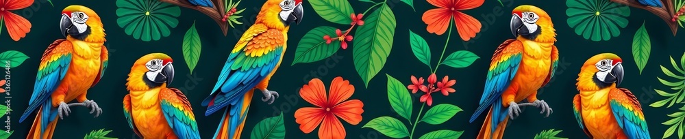 Obraz premium Colorful parrots, tropical flowers, and lush leaves in seamless pattern, wildlife, nature, repeat