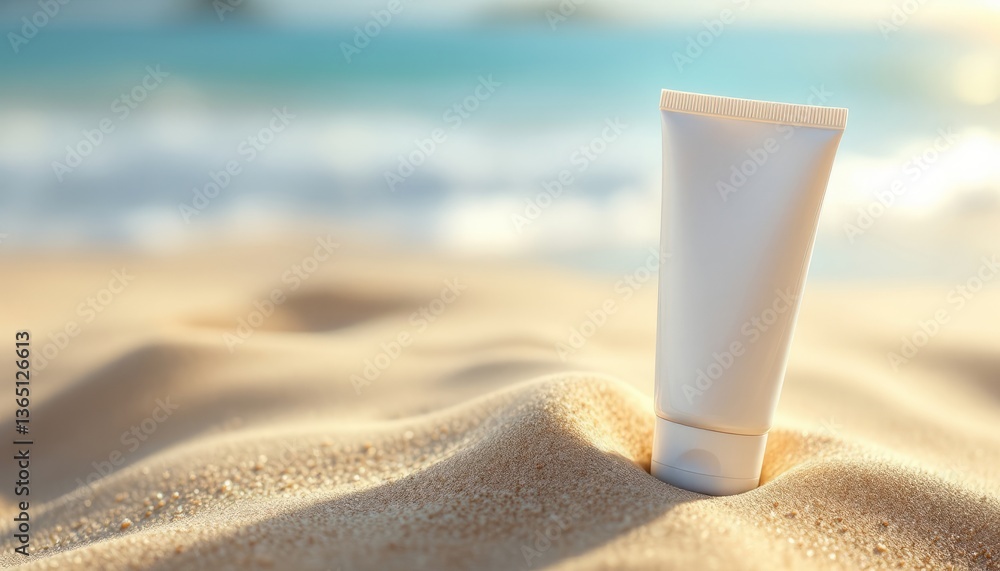Sunscreen bottle sitting on sandy beach near clear turquoise water under sunny sky, with blurred tropical huts in the background, representing beach vacation essentials. Sunscreen bottle sitting on sandy beach near clear turquoise water under sunny sky, with blurred tropical huts in the background, representing beach vacation essentials.