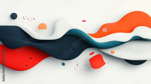 Abstract wavy forms in red, orange, teal, and white