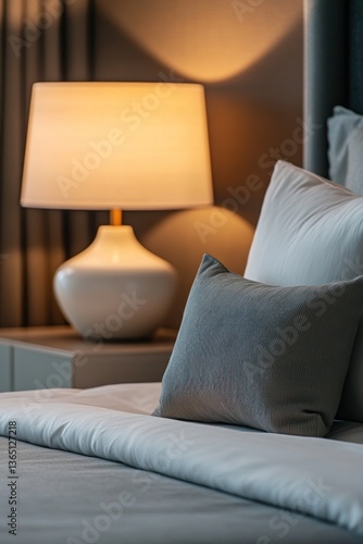 A bedside lamp and pillows decorate a comfortable bedroom scene