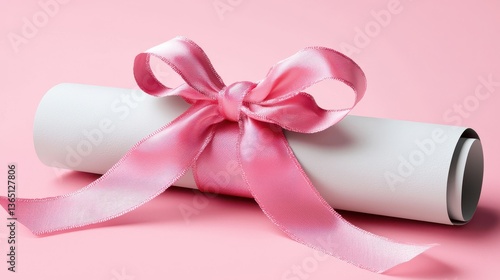 Elegant rolled paper scroll tied with a pink satin ribbon on soft pink background for celebration and decoration