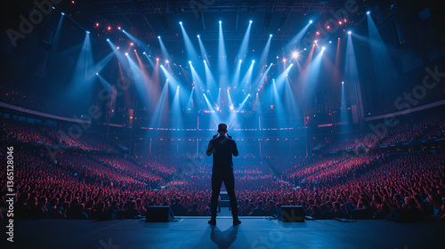 Singer performs a musical concert on stage in a huge packed stadium hall. Epic lights and flashlights