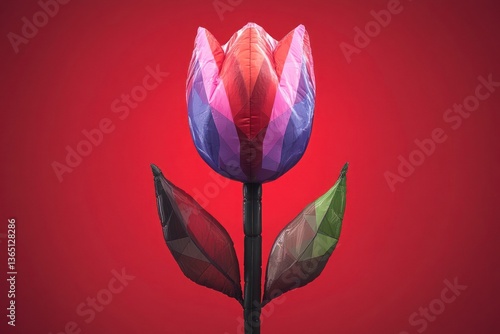 Low-poly tulip against red backdrop