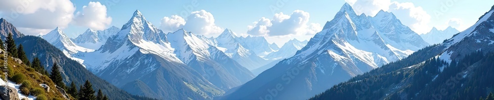 Majestic snow-capped mountains towering over a picturesque alpine valley, majestic, nature Majestic snow-capped mountains towering over a picturesque alpine valley, majestic, nature