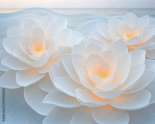 Three large, white, artificial flowers sit on a textured surface resembling waves, illuminated from within, creating a serene coastal scene