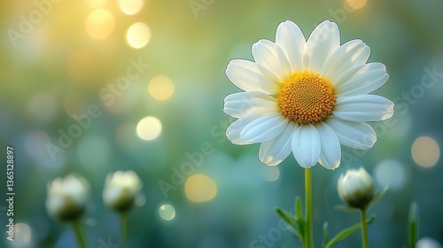 Single daisy blooms brightly, surrounded by buds in soft-focus field. Golden hour light