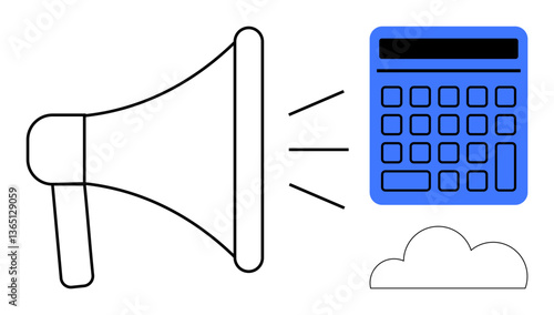 Megaphone amplifying toward calculator and cloud, symbolizing marketing, technology, data connection, digital strategy. Ideal for communication, advertising, finance, cloud computing analytics